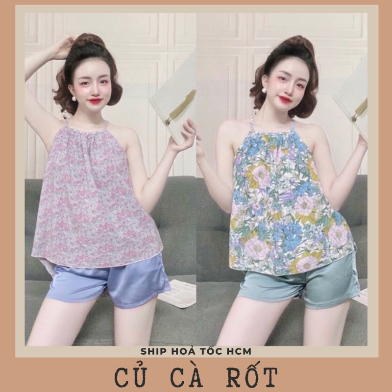 Set bộ cổ yếm lụa hoa phối quần satin chất đẹp mịn mát