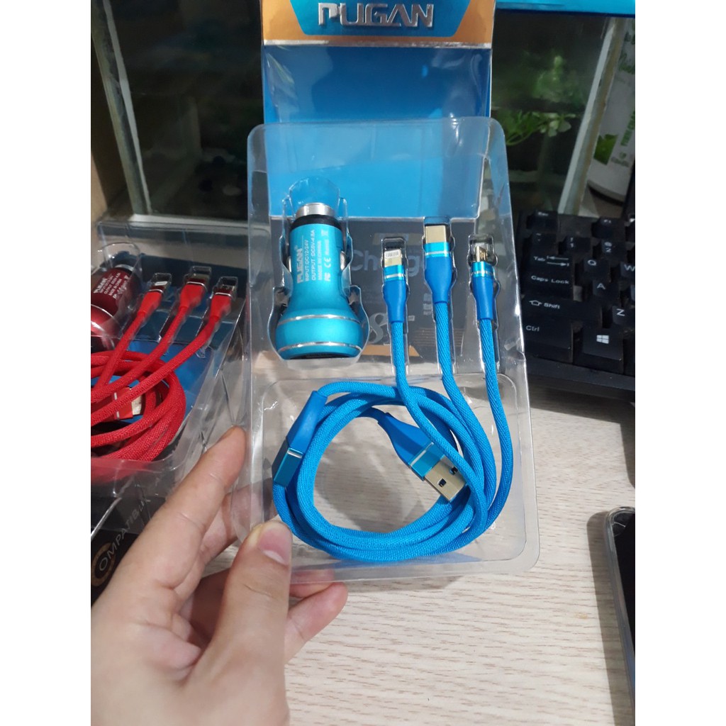 [Chính hãng Pugan] Tẩu sạc Pugan 4.8A dây sạc 3 đầu, sạc nhanh điện thoại và thiết bị điện tử, bộ sạc 3 trong 1 cao cấp