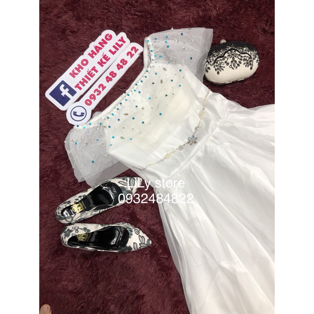 Đầm xoè công chúa bẹt vai kết kim sa treo