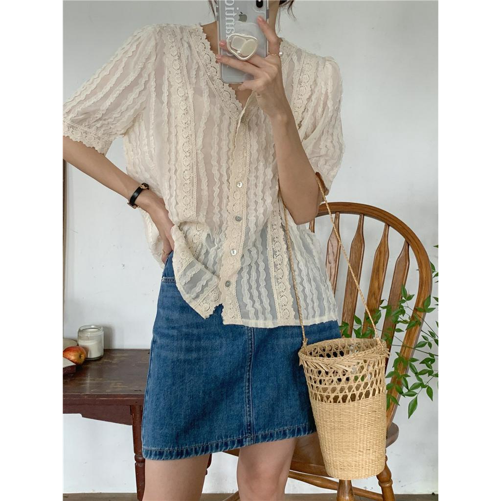 Áo Chiffon Tay Ngắn Phối Ren Trong Suốt Phong Cách Hàn Quốc 54869