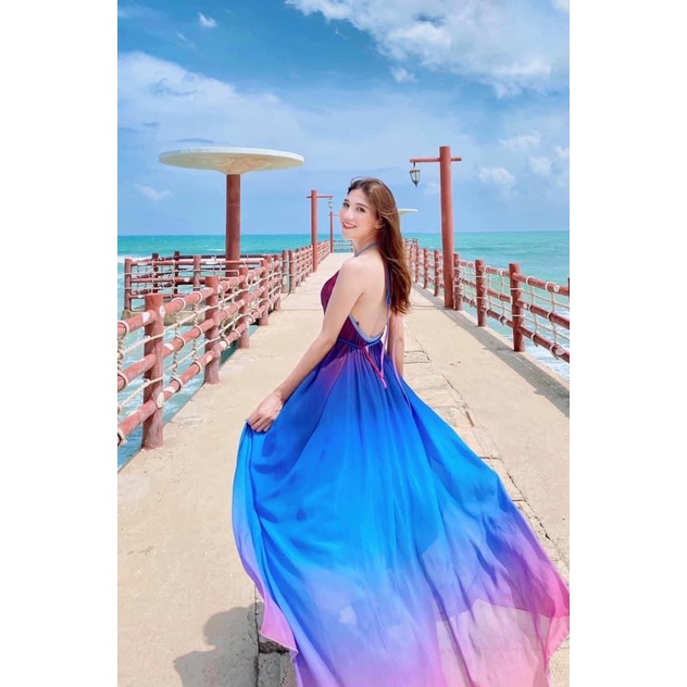 Đầm maxi đi biển loang màu cổ yếm hở vai có mút ngực thả dáng xinh đẹp phong cách thời trang XUKA-DRESS MT050