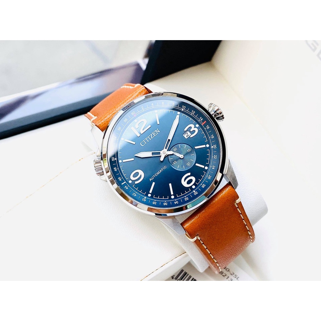Đồng hồ nam chính hãng Citizen Automatic Mechanical NJ0140-25L Brown Leather Men's Watch - Máy cơ - Kính cứng cường lực