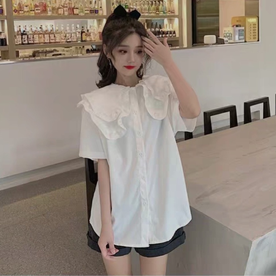 Áo sơ mi nữ cộc tay ngắn form rộng vừa họa tiết cổ tròn bèo kiểu dáng hàn quốc Áo sơ mi trắng tay lỡ đi học không túi