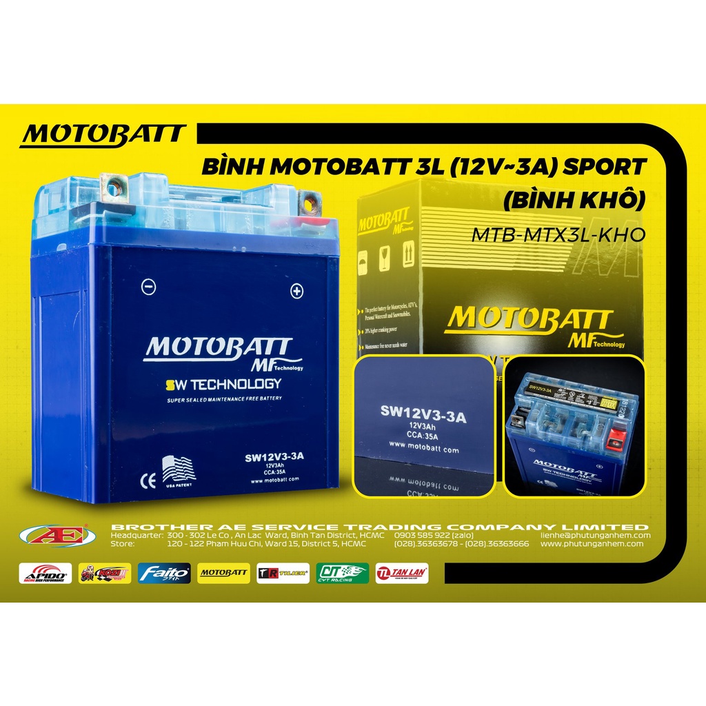 BÌNH MOTOBATT 3L (12V~3A) SPORT (Khô)