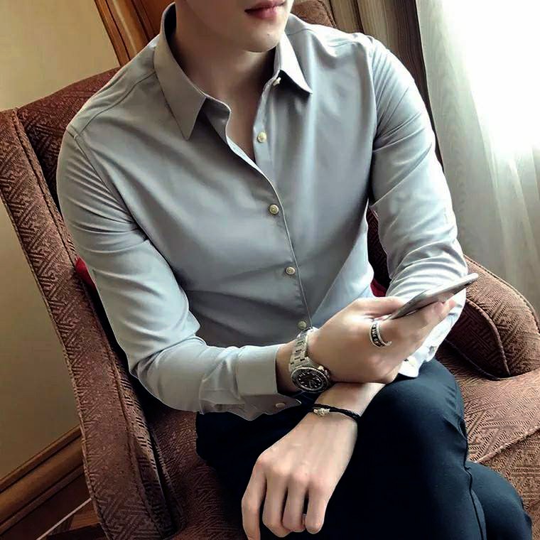 Áo sơ mi nam công sở, lụa xám mềm mịn , dáng body