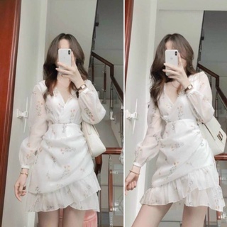 [Xả kho] Đầm hoa tay dài đắp chéo