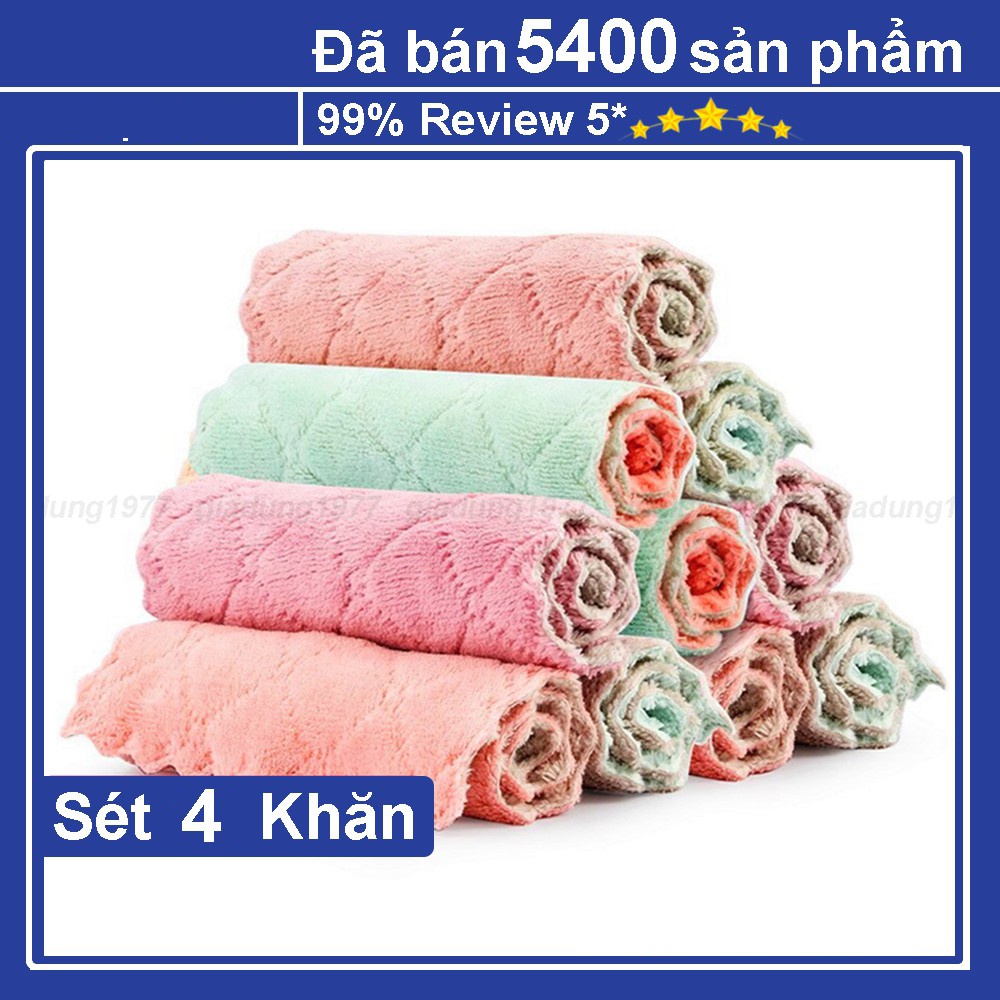 4 Khăn lau bếp/ bát đĩa/ cốc / chén đa năng thấm nước chống dính dầu mỡ hai mặt( 4cái)