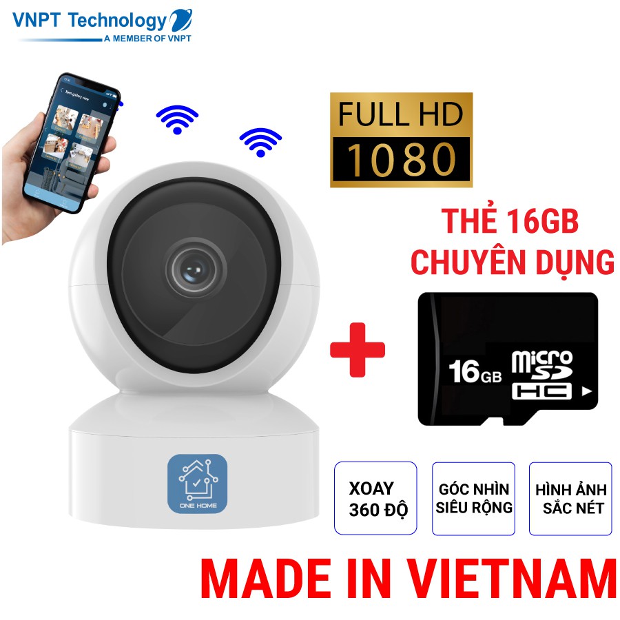 Camera IP Wifi VNPT Technology ONE HOME HVIP01 xoay 360 quan sát rõ ngày và đêm kèm thẻ 16Gb hàng Việt Nam