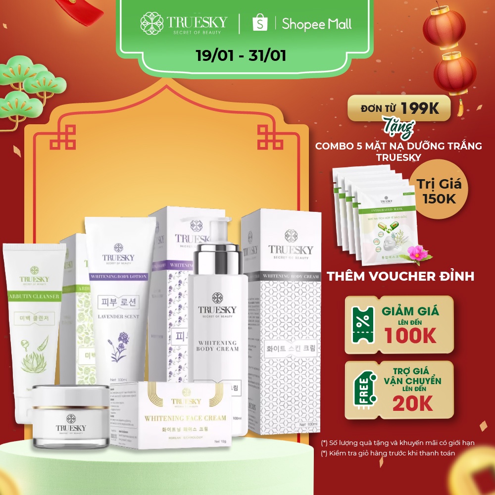 Bộ Truesky VIP06 gồm 1 kem ủ body 100ml 1 kem trắng da mặt 10g 1 sữa rửa mặt trắng da 60ml 1 dưỡng trắng Lavender 100ml