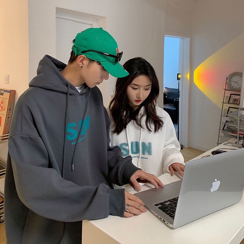 Áo hoodie nhung dày tay dài dáng rộng in chữ đơn giản phong cách Hàn Quốc size M-5XL cho bạn nam