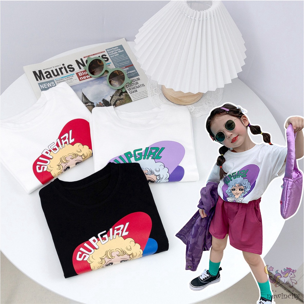 Áo Thun Cotton Tay Ngắn In Họa Tiết Hoạt Hình Phong Cách Hàn Quốc Cho Bé Gái