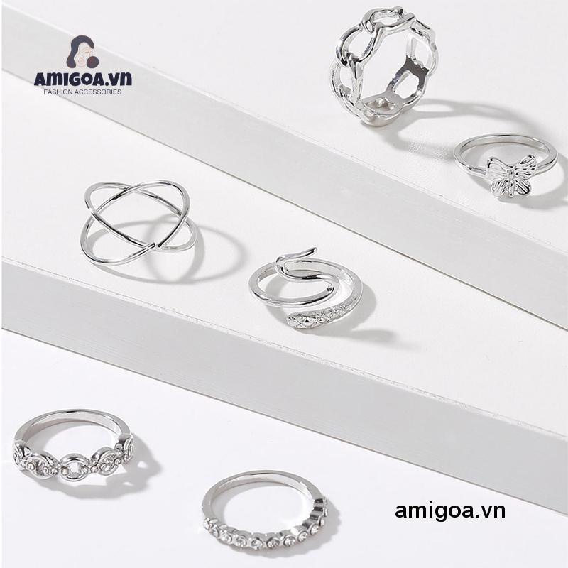 Set 6 Nhẫn Đeo Tay Thiết Kế Đơn Giản Phong Cách Retro Cho Nữ