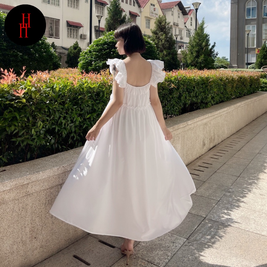Đầm babydoll suông dài tay bèo màu trắng HDC106 Hỉn Hỉn Store