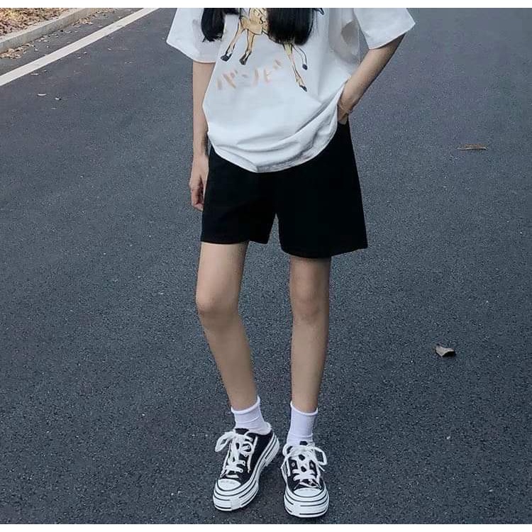 Quần Short Đùi cộc Unisex nam nữ ống rộng cạp chun 2 màu đen, trắng chất liệu thun cotton