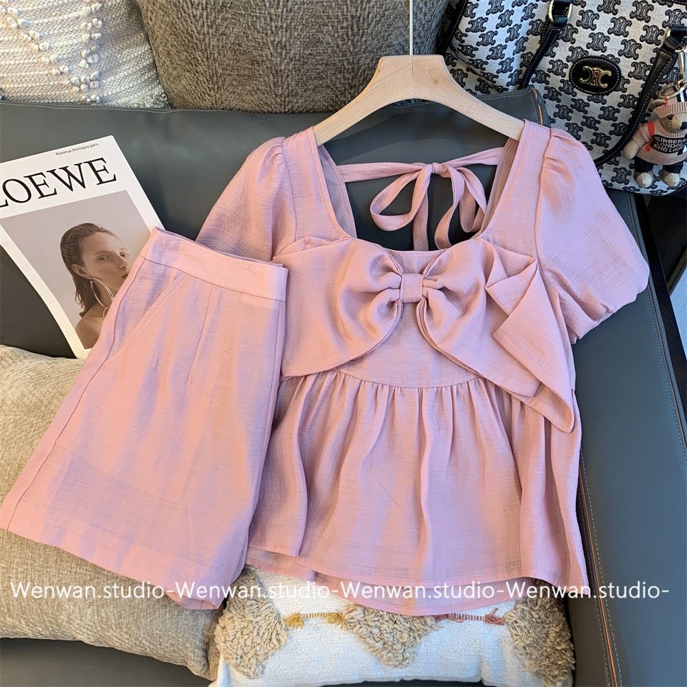 Set Áo Cổ Vuông Tay Phồng Thắt Nơ Phối Quần Short Thời Trang Mới Cho Nữ
