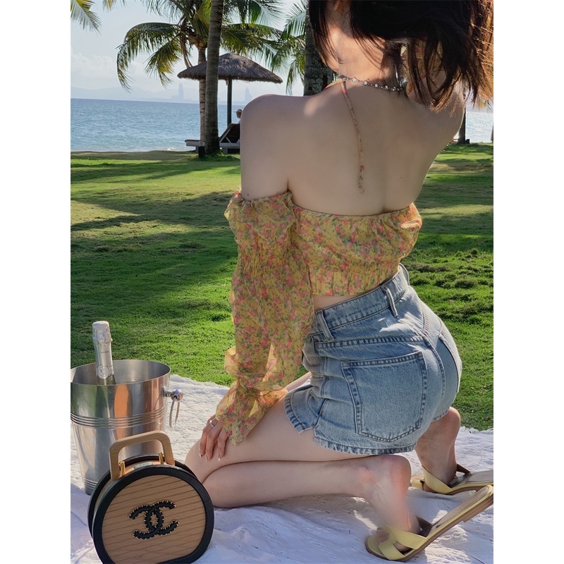 QKOOLE Áo trễ vai  hoạ tiết hoa phong cách Hàn Quốc cho nữ