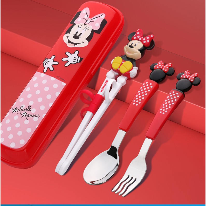 Set muỗng nĩa đũa tập ăn 3D Mickey, Minnie và hộp đựng thương hiệu Disney
