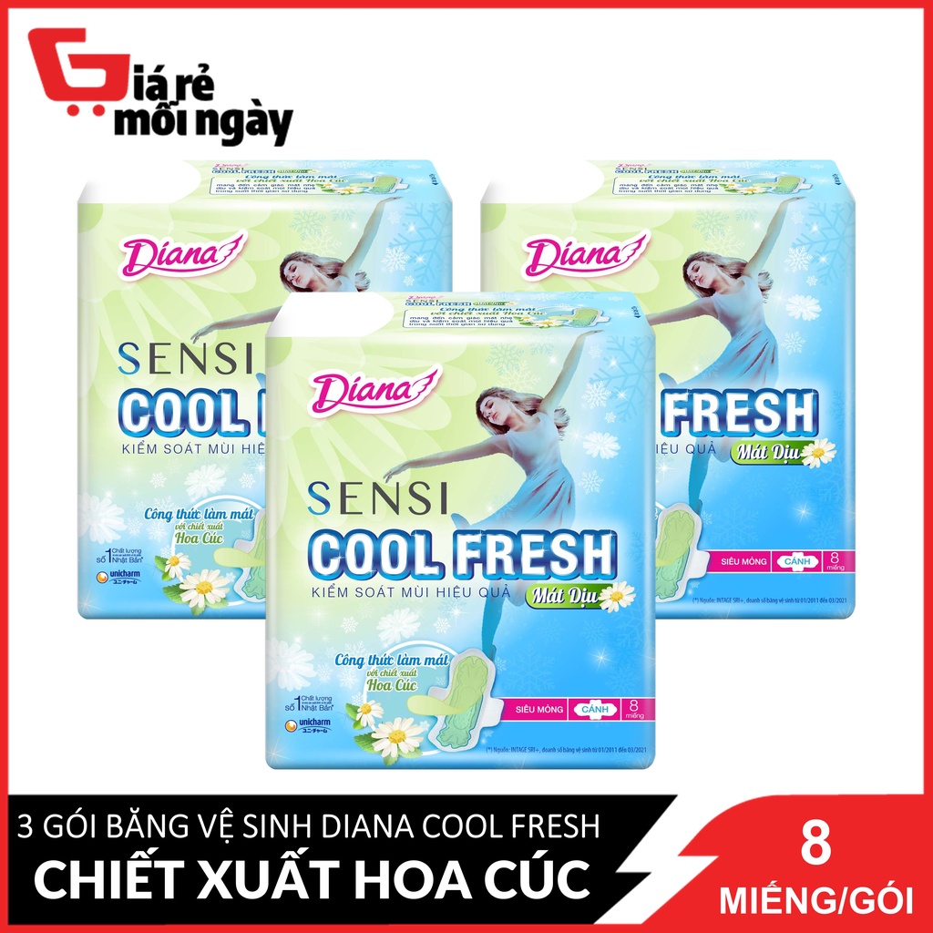 Combo 3 Gói Băng vệ sinh Diana Sensi Cool Fresh Chiếc Xuất Hoa Cúc mát dịu Siêu Mỏng Có Cánh 8 Miếng / Gói