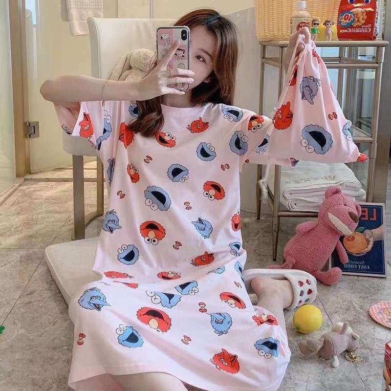 Bộ đồ ngủ cotton hoạt hình thoải mái và dễ thương, váy ngủ ngắn tay【Gửi túi vải】 | BigBuy360 - bigbuy360.vn