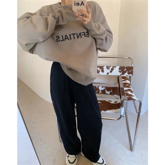 Áo sweater nam nữ Unisex nỉ bông phom rộng màu nâu cổ tròn dài tay chữ ESSENTIAL phong cách Ulzzang Hàn Quốc | BigBuy360 - bigbuy360.vn