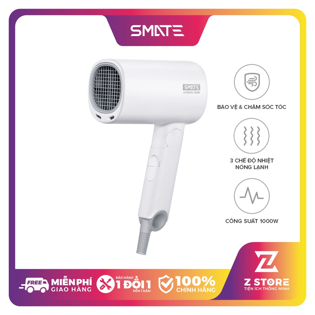 Máy Sấy Tóc Tạo Kiểu SMATE SH-1000, Tạo Ion Âm , 3 Chế Độ Nhiệt, Hàng Chính Hãng, Bảo Hành 1 ĐỔI 1 Đến 1 Năm