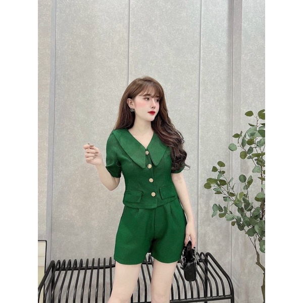 Sét bộ thời trang nữ mặc đi chơi chất kaki bố y mẫu áo cổ vạc bèo nhọn mix quần đùi