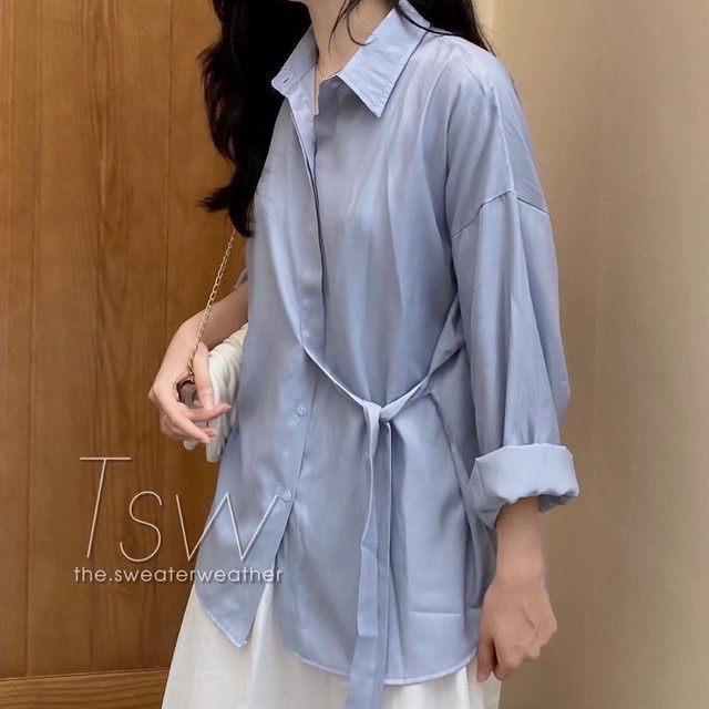 Áo sơ mi nữ form rộng chất tuyết hàn có dây thắt eo hàng Quảng Châu, sơ mi dài tay đi học đi chơi ASM05