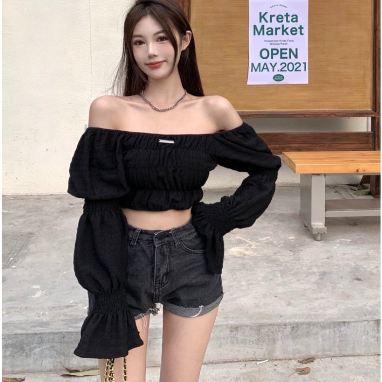 Áo Croptop | Áo Croptop Trễ Vai Dài Tay Chất Mềm Mai Ulzzang Phong Cách Hàn Quốc Thời Trang Hè 2022