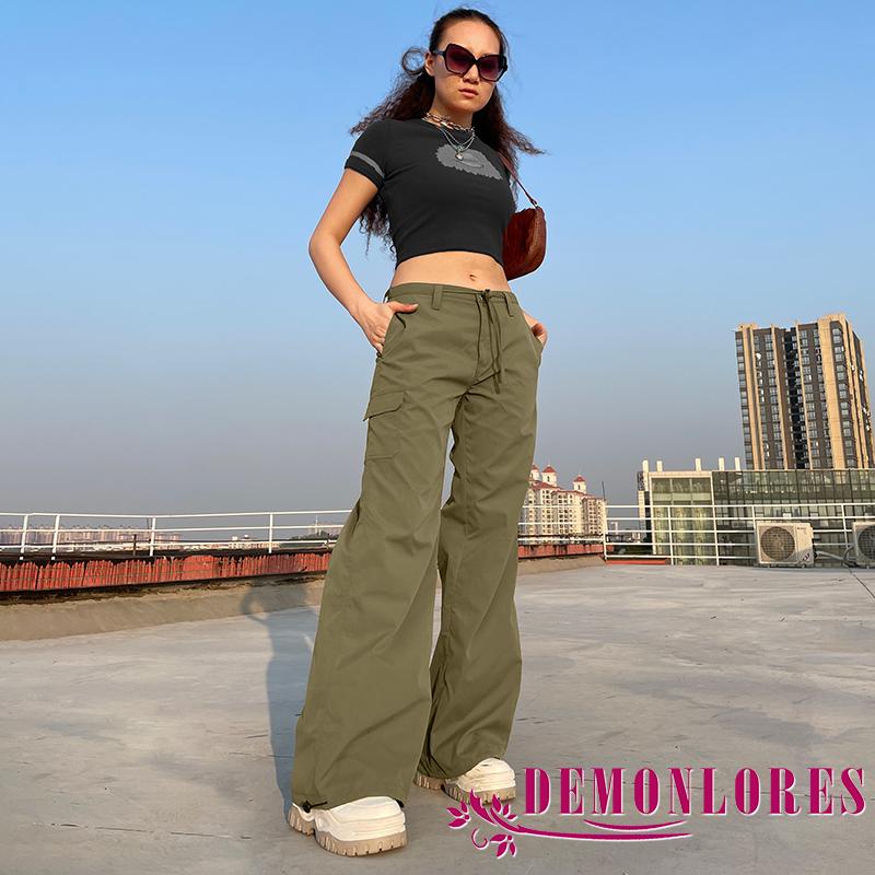 Quần Ống Rộng Màu Trơn Cài Nút Có Túi Màu Sắc Đơn Giản Thời Trang Cho Nữ