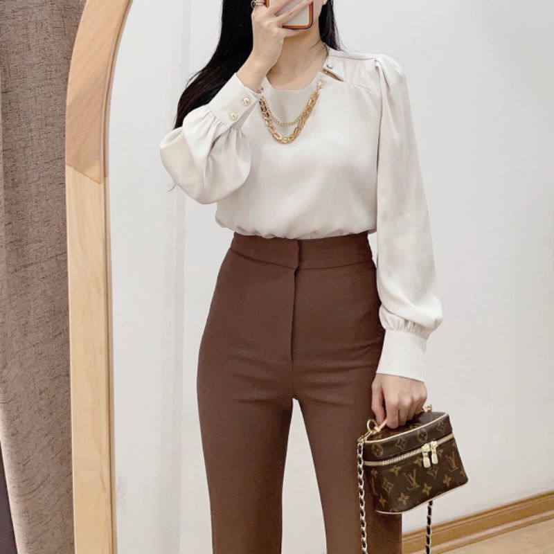 Quần ống loe lưng cao 1 cúc dài 100cm hack dáng