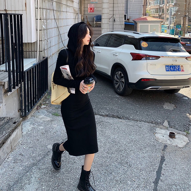 COZOK Đầm hoodie tay dài phối khoá kéo