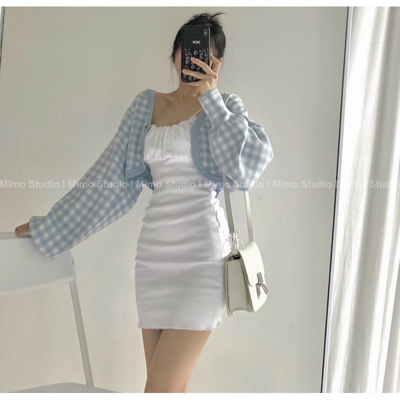 SET ĐẦM 2 DÂY TRẮNG + ÁO KHOÁC CÁNH DƠI CARO XANH