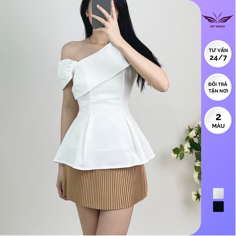 Áo nữ kiểu lệch vai ôm eo dáng xoè màu trắng, đen Nhipham shop/Rana Top