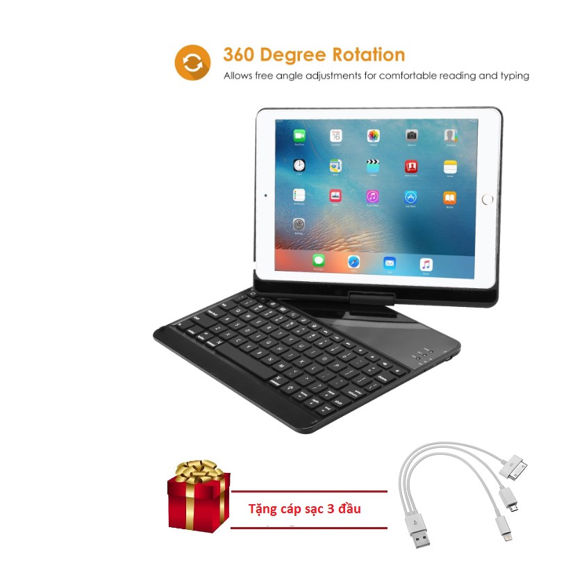 Bàn phím kiêm ốp lưng cho iPad Air 2 xoay 360 độ (Đen).Sản phẩm hot năm 2018 Tặng cáp sạc 3 đầu