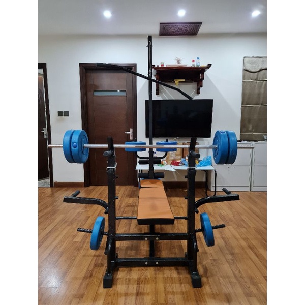 Combo ghế tập tạ đa năng Hoàng Đức Sport kèm đòn tạ 1.5m và 20kg tạ nhựa xuki 0968417433