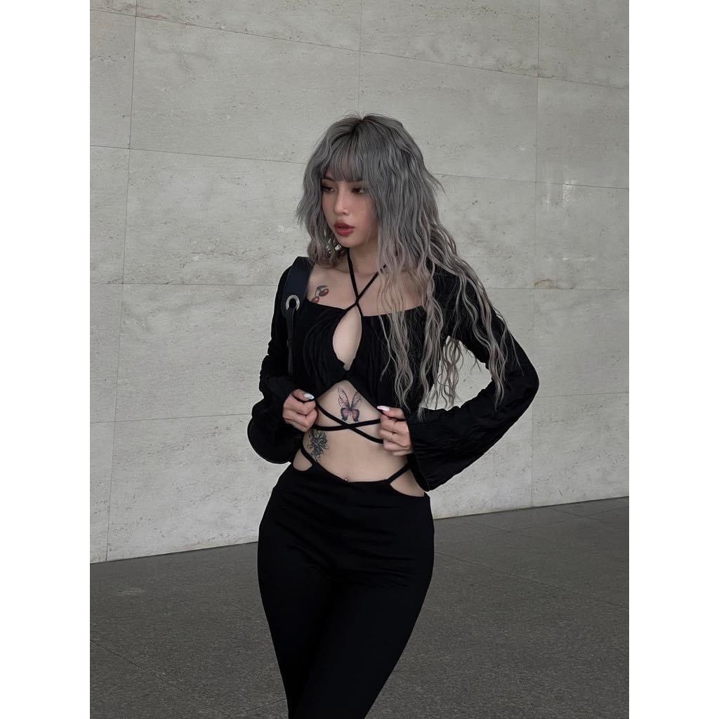 SÉT ÁO ĐAN DÂY CỔ YẾM + QUẦN ỐNG LOE MÀU ĐEN SIÊU SANG CHẢNH SEXY M020