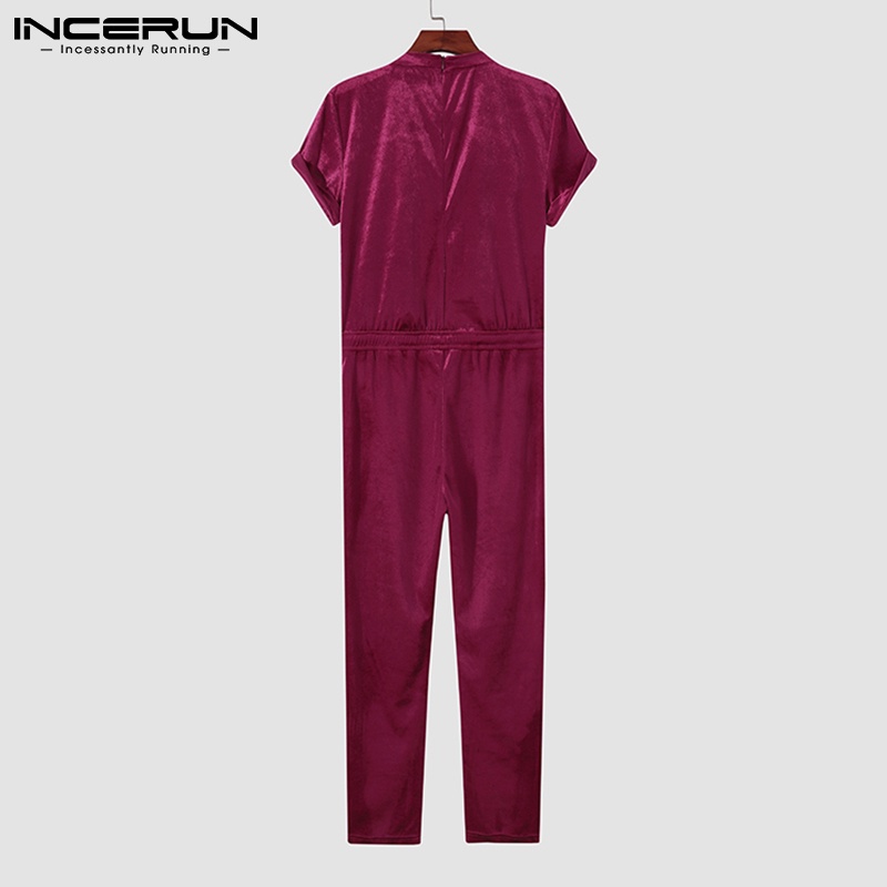 Bộ áo liền quần INCERUN vải nhung cổ tròn ngắn tay dáng rộng thời trang mùa hè dành cho nam 2 màu sắc lựa chọn