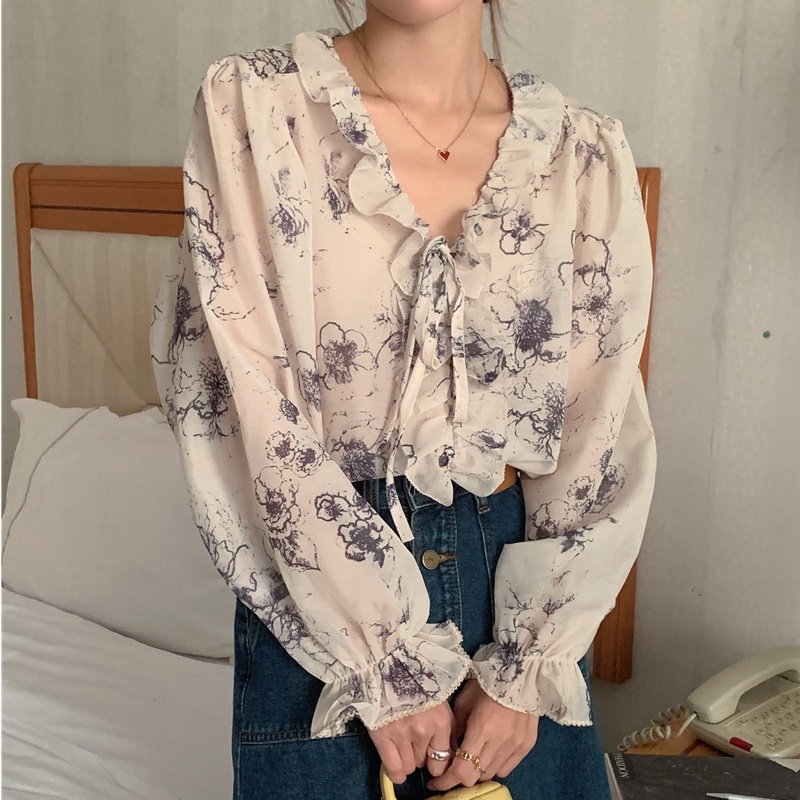 SUXI Áo Sơ Mi Chiffon Tay Dài Cổ Chữ V Họa Tiết Hoa Phong Cách Vintage Hàn Quốc