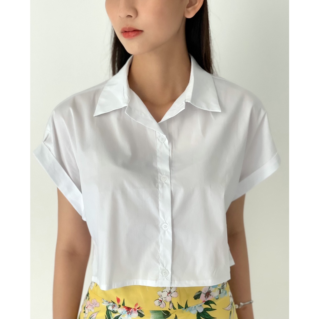 Áo sơ mi croptop nữ tay ngắn màu trắng hàng VNXK cao cấp