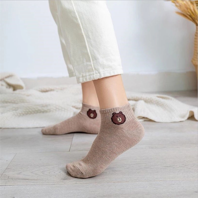 Set 10 cặp vớ ngắn cotton in hình gấu dễ thương thoải mái thoáng khí thường ngày thời trang Nhật Bản cho nam và nữ