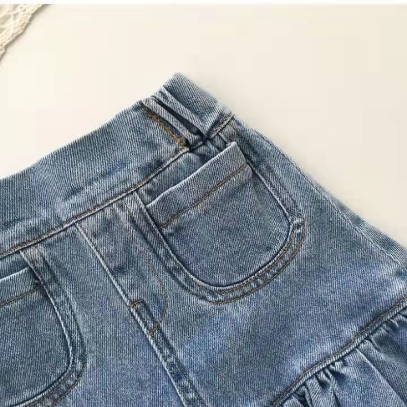 Bộ Áo Tay Phồng Phối Chân váy jean Viền Bèo Thời Trang Mùa Hè Cho Bé Gái