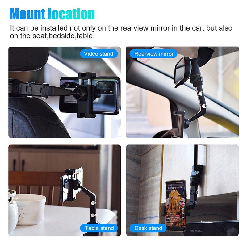 Giá treo điện thoại gương chiếu hậu xoay 360°, kẹp ghế sau ô tô, kính chiếu hậu, giá sách, lưng ghế