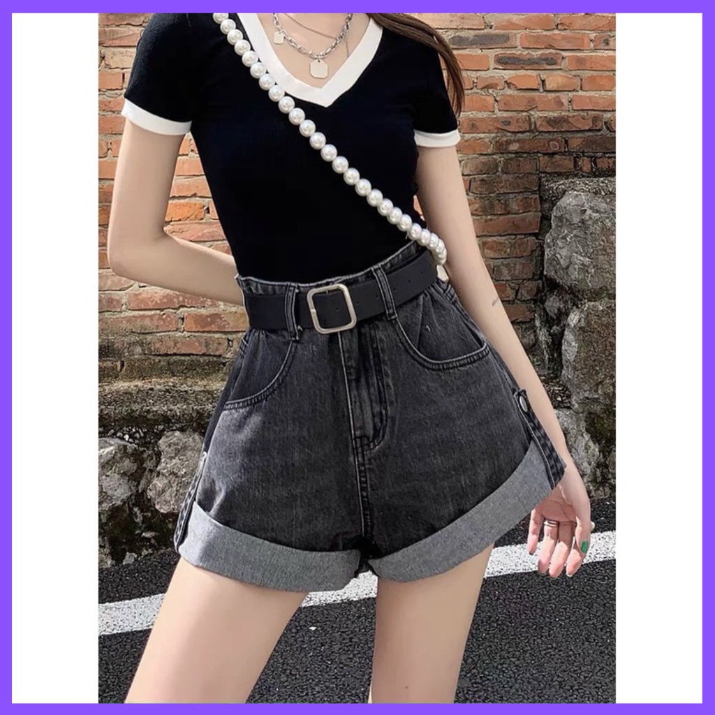 quần short gấp gấu lưng cao kèm đai da chất dầy dặn siêu xinh