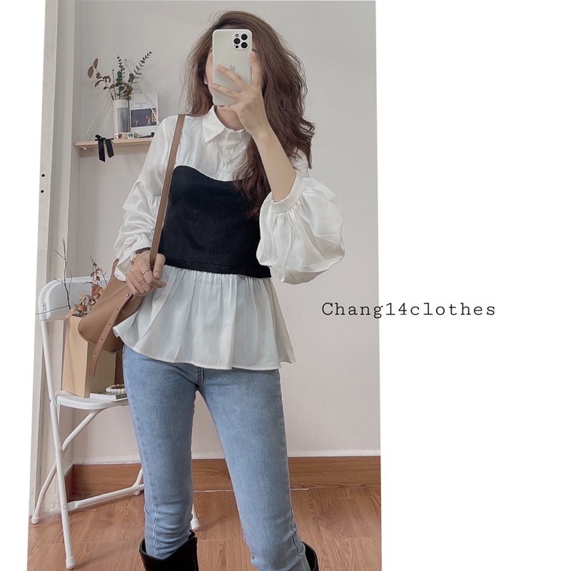 Áo sơ mi tay bồng phối đen trắng hàng Quảng Châu
