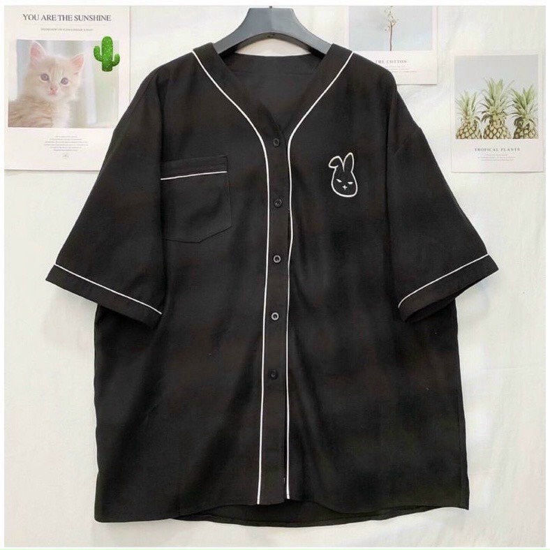 ÁO KIỂU SƠ MI UNISEX THÊU THỎ NGỰC CHẠY VIỀN PHONG CÁCH HÀN NHẬT SIÊU ĐẸP