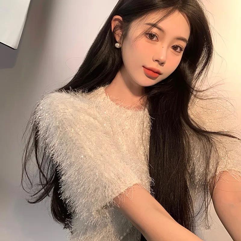 Áo Sweater Dệt Kim Tay Ngắn Cổ Tròn Dáng Rộng Thời Trang Thu Đông Cho Nữ