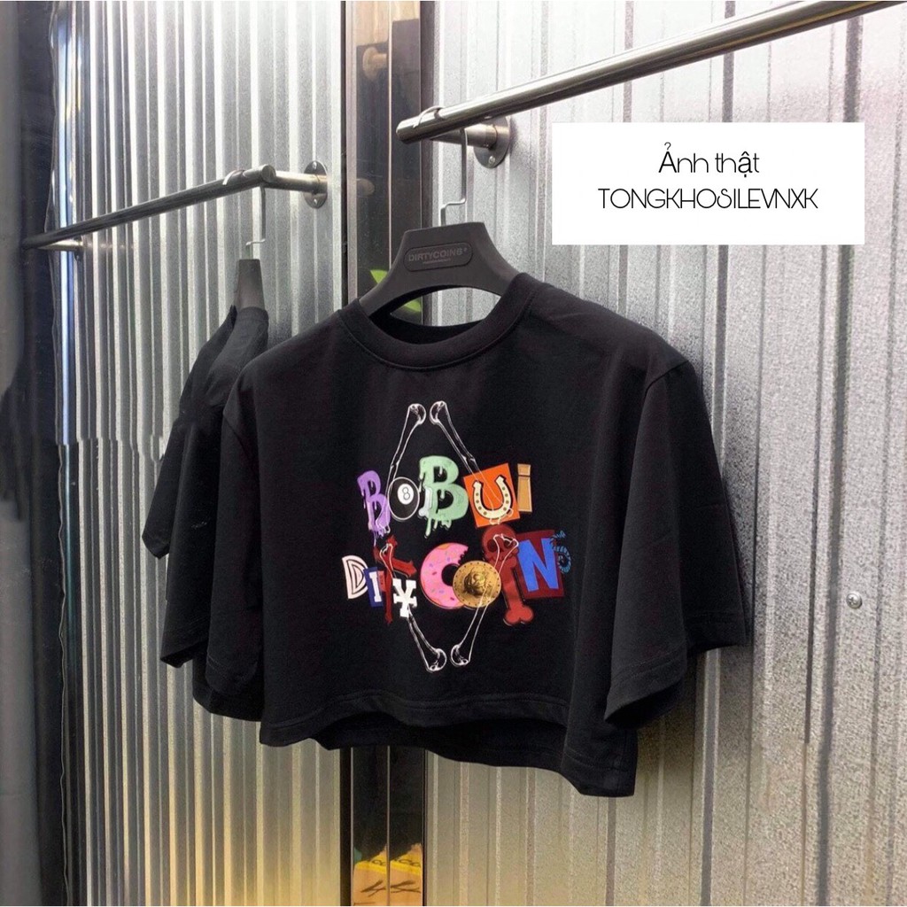 Áo Croptop Nữ BoBui 🦋FREESHIP🦋 Áo Phông Dáng Ngắn Cộc Tay In Chữ Màu Đen
