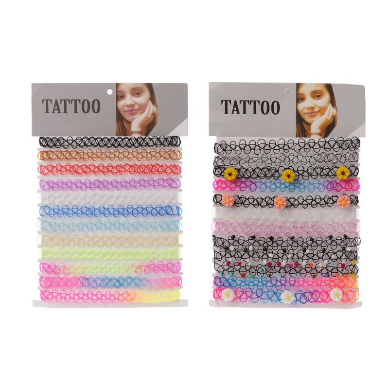 Set 12 Vòng Cổ Choker Co Giãn Hình Xăm Màu Cầu Vồng Thanh Lịch