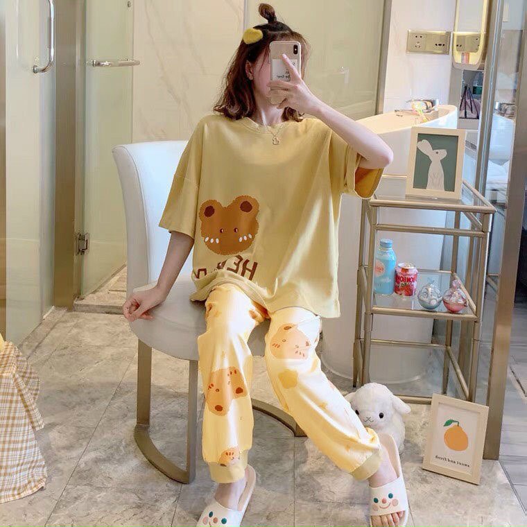 Bộ đồ mặc ở nhà nữ, in hình gấu dễ thương, áo cộc quần dài vải thun cotton thoáng mát,dành cho mặc ở nhà đi ngủ