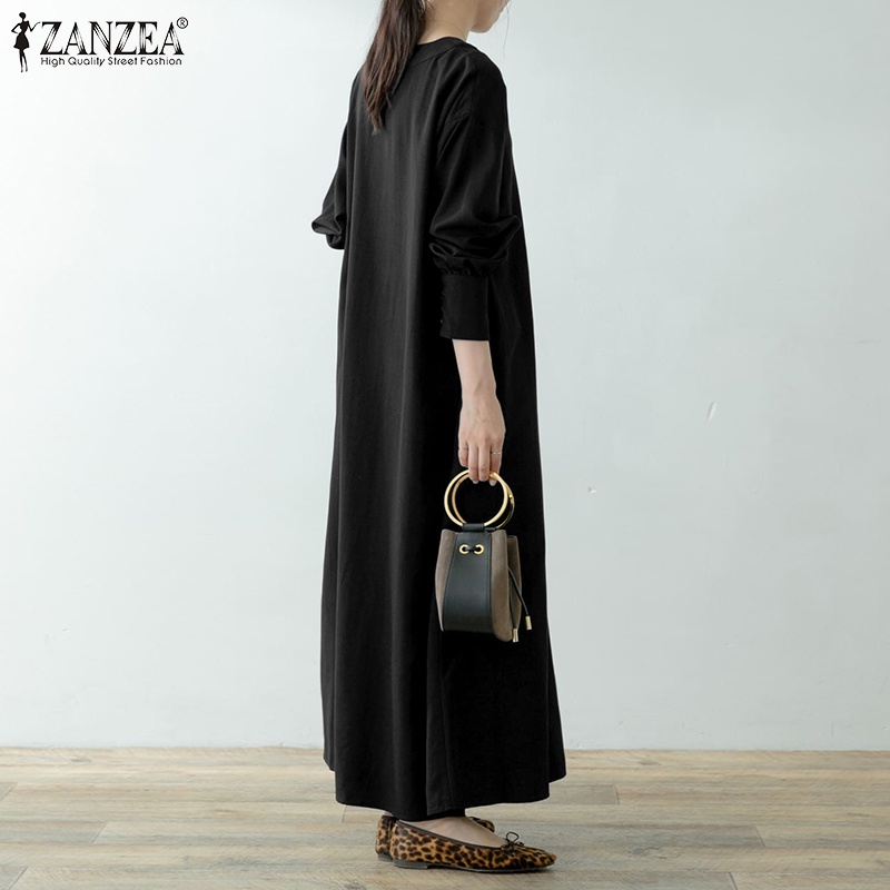 Đầm maxi ZANZEA tay dài cổ chữ V dáng rộng màu trơn thời trang Hàn Quốc